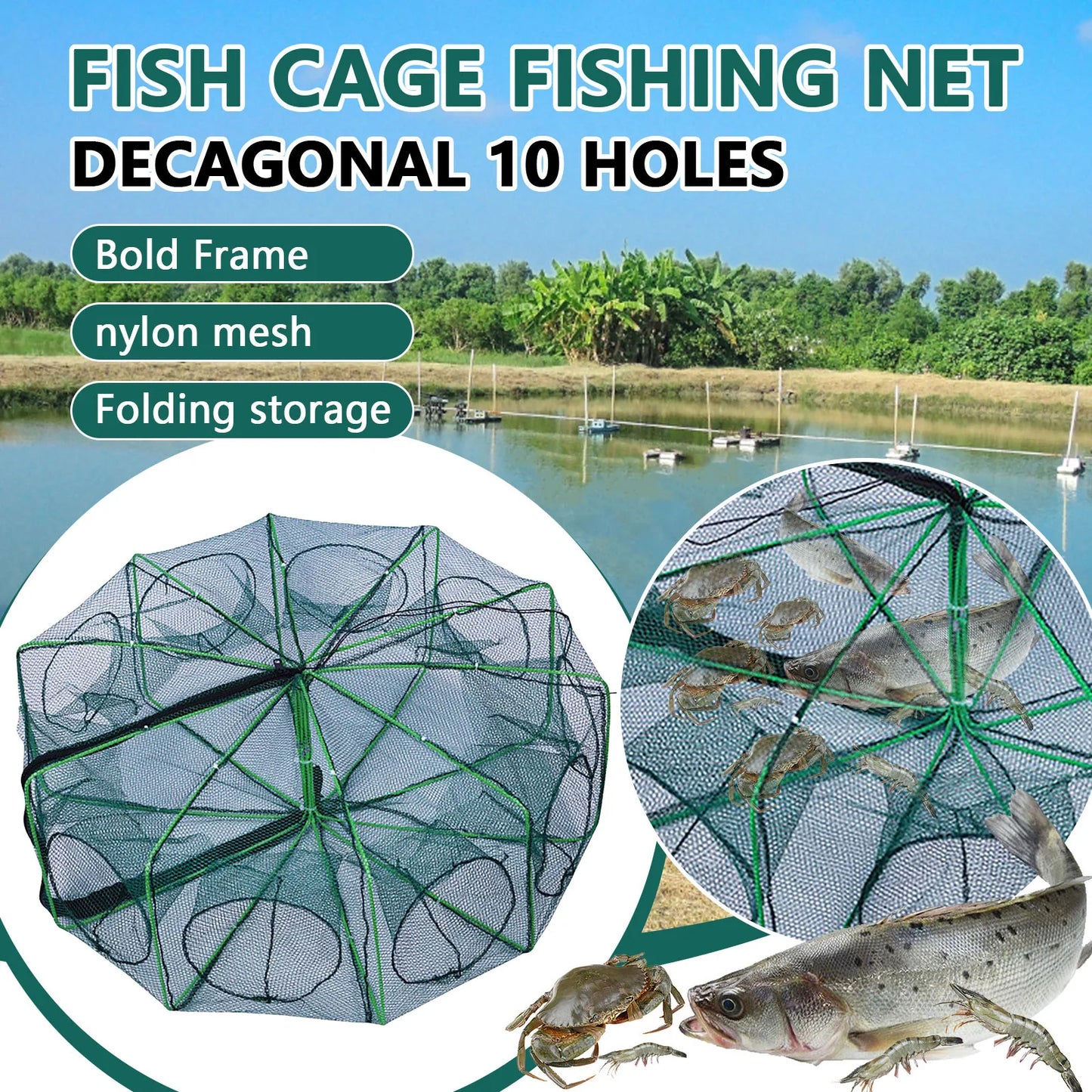 Folding lobster cage 2025 new style fishing trap fishing tool kit fish shrimp crayfish crab fishing net nylon material