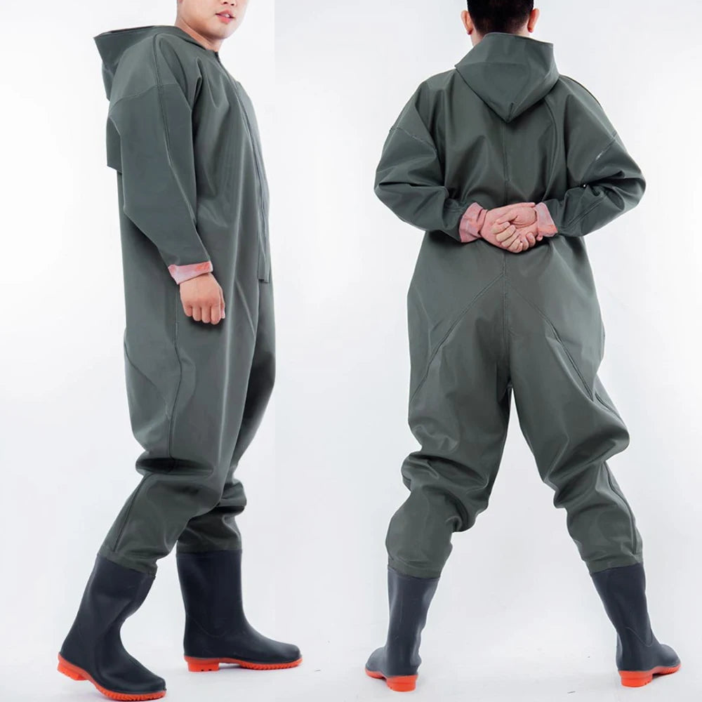 Adult Hooded Long Sleeve Wader Pants With Boots Gloves Set Outdoor Fishing Hunting River Tracing Gear Waterproof Overall For Men