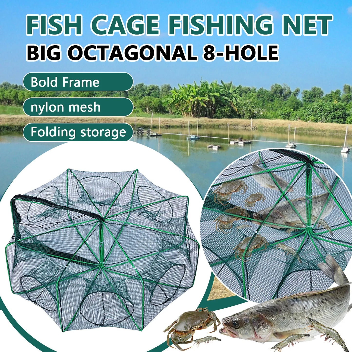 Folding lobster cage 2025 new style fishing trap fishing tool kit fish shrimp crayfish crab fishing net nylon material