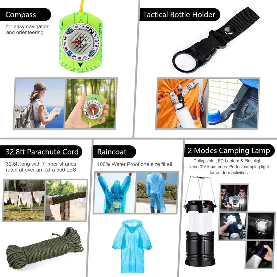 Survival Kit, 151 Pcs Survival Gear First Aid Kit, Outdoor Trauma Bag with Tactical Flashlight Knife Pliers Pen Blanket Bracelet