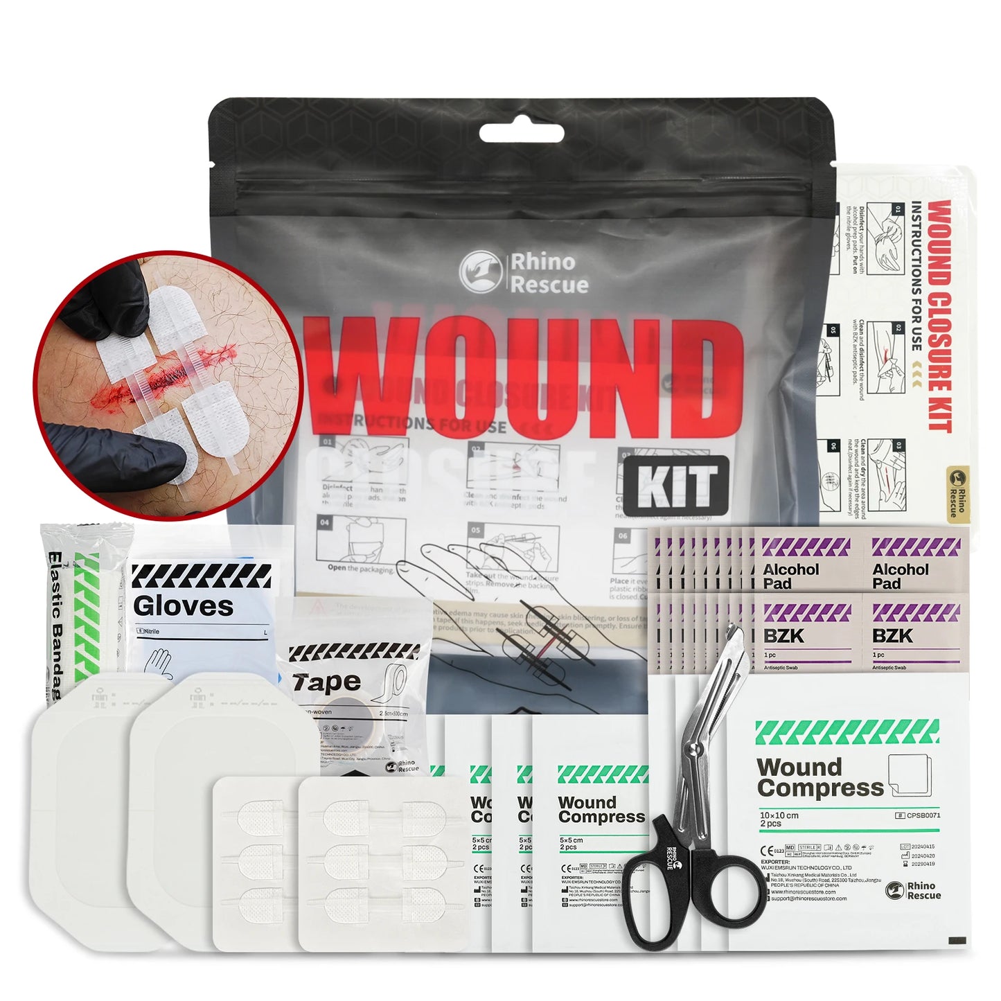 RHINO RESCUE Zip Stitch 6pcs with Wound Dresssings, Wound Closure Strips, Zipstitch Laceration Closure Kit for Cut Care Band-aid