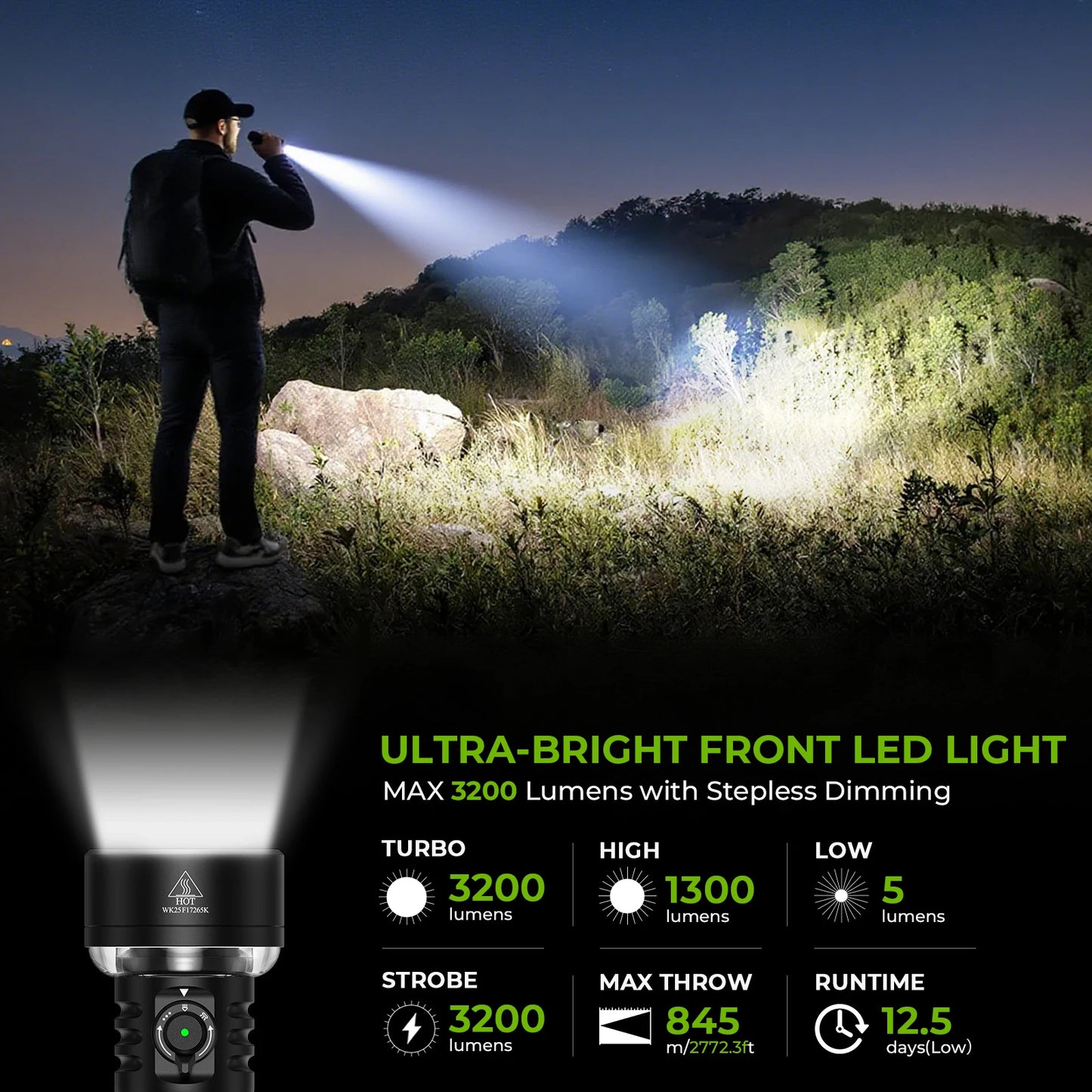 Wurkkos TS27 Ultra-Bright Flashlight 3200 Lumens 845-Meter Beam Distance Camping-Specific Rechargeable Flashlight
