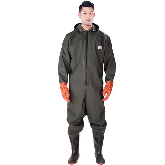 Adult Hooded Long Sleeve Wader Pants With Boots Gloves Set Outdoor Fishing Hunting River Tracing Gear Waterproof Overall For Men