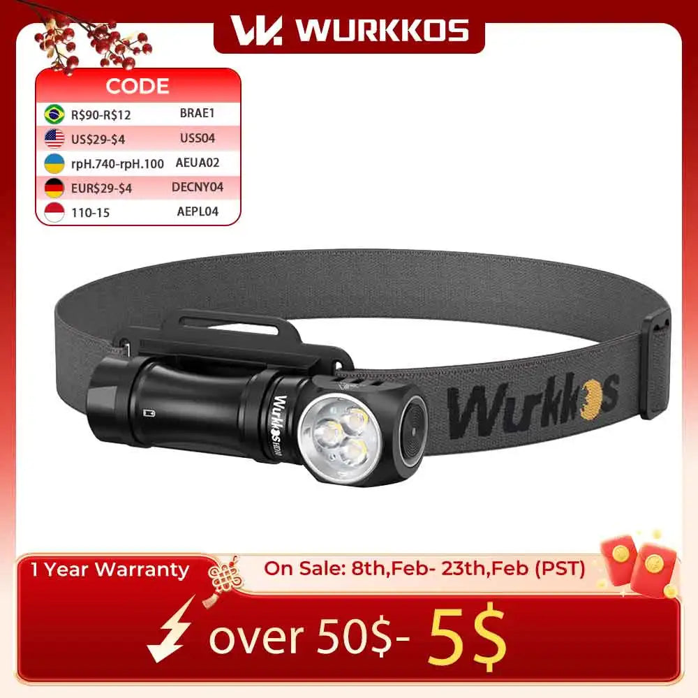 Wurkkos HD10 Headlamp Rechargeable 14500 IP68 Mini EDC 1200Lm 3* 90 CRI LEDs + 3* RGB Aux LEDs Anduril 2.0 Fishing Camping Torch