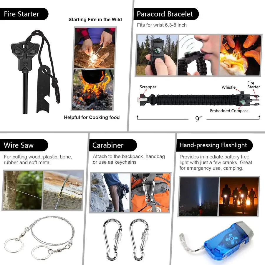 Survival Kit, 151 Pcs Survival Gear First Aid Kit, Outdoor Trauma Bag with Tactical Flashlight Knife Pliers Pen Blanket Bracelet