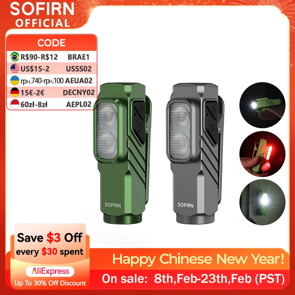 SOFIRN Mini ST10 1000LM EDC Flashlight USB C 14500 Rechargeable with Red Light 660NM Magnetic Tail & clip Dual Switch Torch