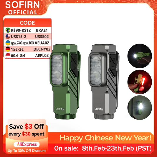 SOFIRN Mini ST10 1000LM EDC Flashlight USB C 14500 Rechargeable with Red Light 660NM Magnetic Tail & clip Dual Switch Torch